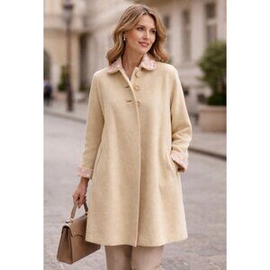 Women's vintage Monarch Beige Pea Coat with Pink Embroidered Collar